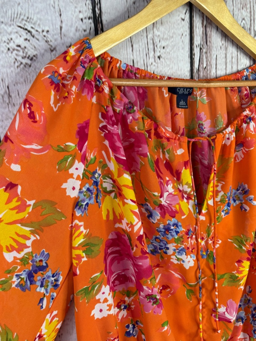 CHAPS Women’s Large Orange Floral Print Blouse Tie‎ Neck Woven Fabric Small Flaw - Picture 3 of 16